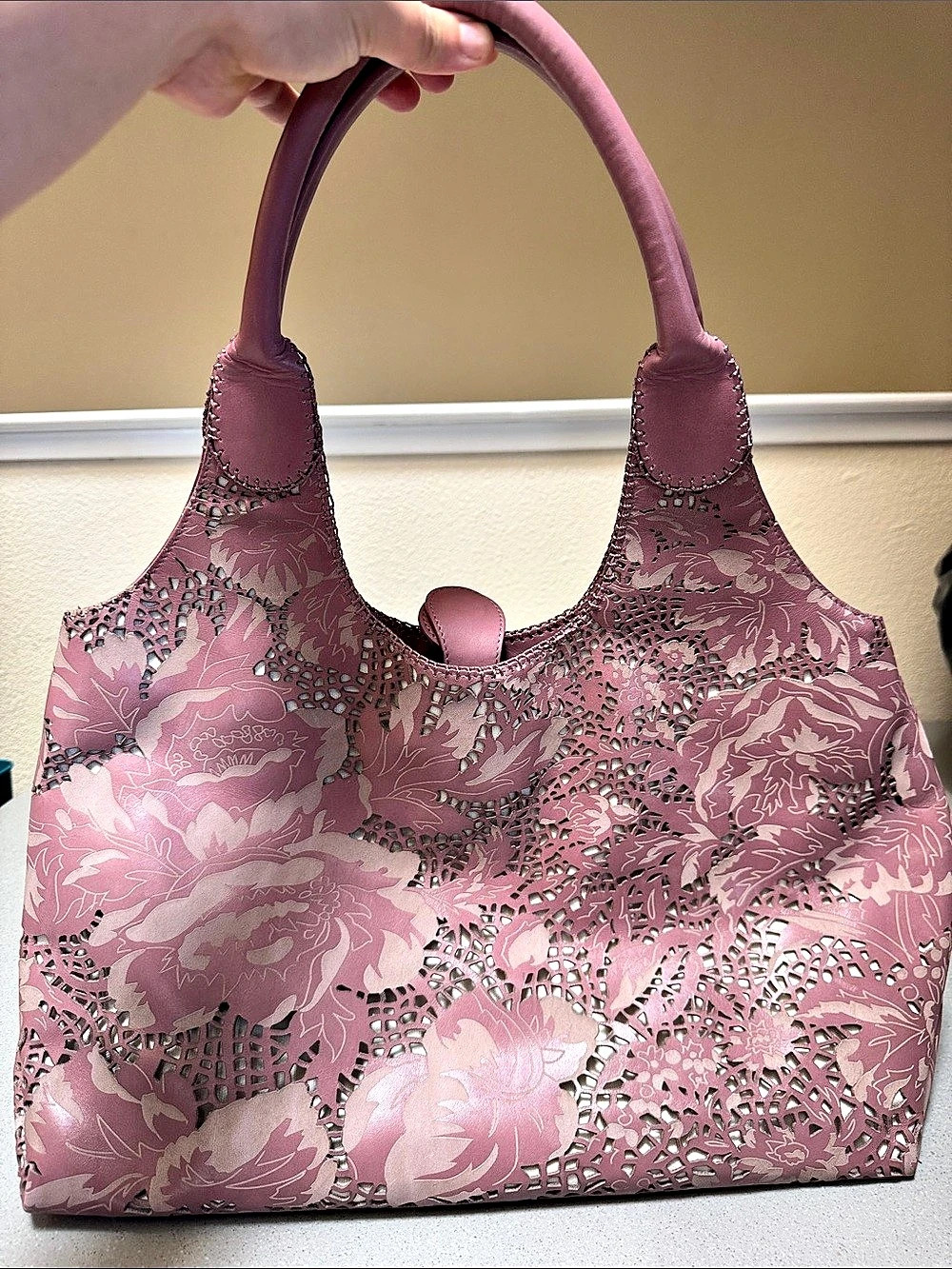 Eileen West Y2K Leather Tossed Laser Cut Satchel Shoulder Bag Ashley Laser Cut